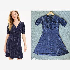 Loft Navy Polka Dotted Puff Sleeve V-Neck Dress